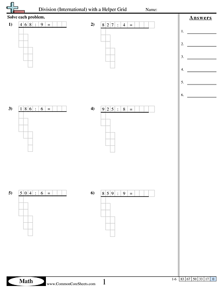 Division Worksheets - Division (International) with a Helper Grid worksheet